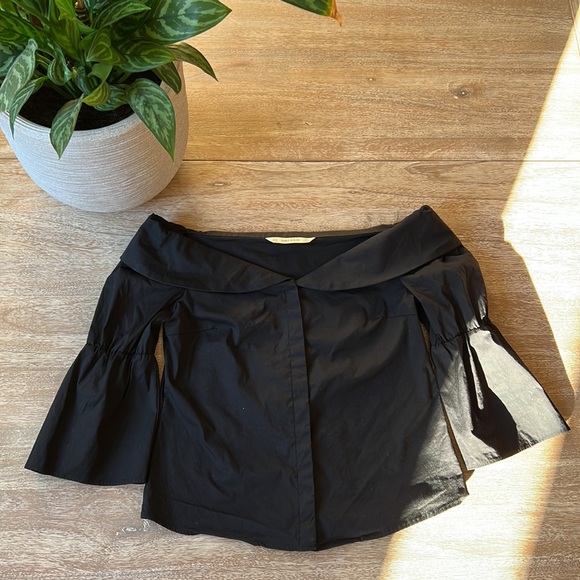 Zara Off Shoulder Button Up 3/4 Sleeve Black Shirt Size M - Picture 4 of 11